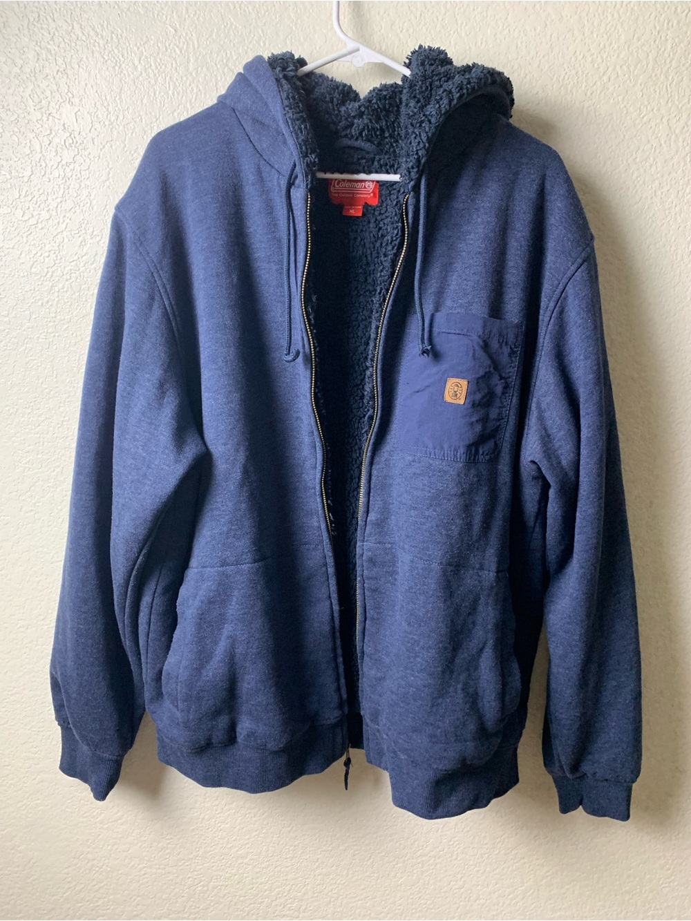 Heavyweight Sherpa Zip-Up Utility Hoodie Jacket Navy Blue XL